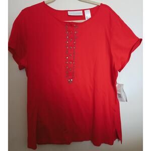 NEW First Issue Red XL Short Sleeve Casual Stretch Cotton Knit Henley Beaded Tee